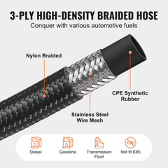 8AN Fuel Line Kit, 6.1 m Fuel Hose Kit, 1.0 cm Nylon Stainless Steel Braided Fuel Line Oil/Gas/Diesel Hose End Fitting Kit, with 12 PCS Swivel Fitting Adapter Kit, Black