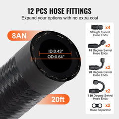 8AN Fuel Line Kit, 6.1 m Fuel Hose Kit, 1.0 cm Nylon Stainless Steel Braided Fuel Line Oil/Gas/Diesel Hose End Fitting Kit, with 12 PCS Swivel Fitting Adapter Kit, Black