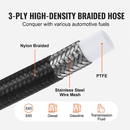 6AN Fuel Line Kit, 7.62 m Fuel Hose Kit, Nylon Stainless Steel Braided PTFE Fuel Line Kit, E85/Oil/Gas/Diesel Hose End Fitting Kit, with 15 PCS Swivel Fitting Adapter Kit, Black