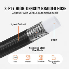 6AN Fuel Line Kit, 7.62 m Fuel Hose Kit, Nylon Stainless Steel Braided PTFE Fuel Line Kit, E85/Oil/Gas/Diesel Hose End Fitting Kit, with 15 PCS Swivel Fitting Adapter Kit, Black
