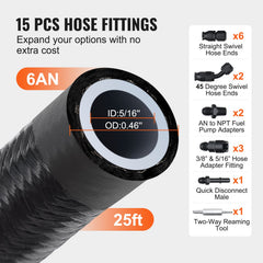 6AN Fuel Line Kit, 7.62 m Fuel Hose Kit, Nylon Stainless Steel Braided PTFE Fuel Line Kit, E85/Oil/Gas/Diesel Hose End Fitting Kit, with 15 PCS Swivel Fitting Adapter Kit, Black
