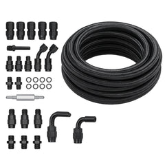 6AN Fuel Line Kit, 7.62 m Fuel Hose Kit, Nylon Stainless Steel Braided PTFE Fuel Line Kit, E85/Oil/Gas/Diesel Hose End Fitting Kit, with 15 PCS Swivel Fitting Adapter Kit, Black