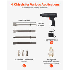 Air Hammer, 2500-2700BPM Pneumatic Hammer with 70mm Stroke & 4PCS 170mm Long Barrel Chisels, Pistol-Grip Compact Air Chisel Pneumatic Shovel Tool for Cutting Scraping Demolishing