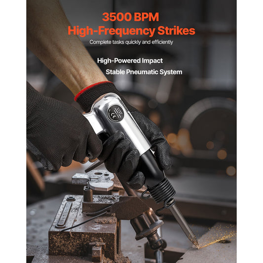 Air Hammer, 3500BPM Pneumatic Hammer with 70mm Stroke & 4PCS Chisels Round Shank, Pistol-Grip Compact Air Chisel Pneumatic Shovel Tool for Cutting Punching Scraping