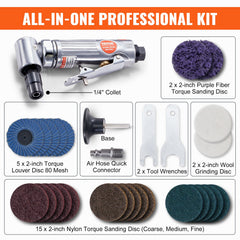 Air Angle Die Grinder, 1/4" Right Angle Die Grinder (20000RPM), Heavy Duty 90-Degree Angled Air Powered, 24PCS Discs for Grinding, Polishing, Deburring, Rust Removal