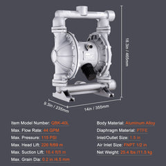 Air Operated Double Diaphragm Pump, 44GPM, Max 115PSI Air Waste Oil Pneumatic Transfer Pump with 2 Extra Diaphragms, 3.8cm Inlet & Outlet Aluminum Alloy Diaphragm Pump for Diesel Grease Oil