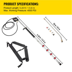 Telescoping Pressure Washer Wand, 20 ft 5-Section Length Adjustable, Max. 4000 PSI Fit for 3/8'' Quick Connection, 5 Spray Nozzles, Belt, for Roof, Fence, Gutter, Silver