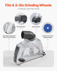 Cutting Dust Shroud for Angle Grinders, 100-125 mm Angle Grinder Dust Shroud with 6 Clamping Washers & 125 mm Diamond Grinding Cup Wheel, Adjustable Cutting Depth, Connect to Vacuum Cleaner