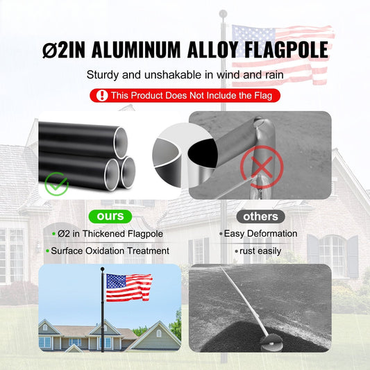 25FT Telescopic Flagpole Kit, Heavy Duty Aluminum Alloy Flag Pole Kit in Ground for Outside, 3 Display Modes Flagpole with Professional Accessories, Black