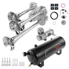 Train Horns Kit, 4 Trumpet Air Horn Kit, 150dB Train Horns for Pickup Trucks, 12V 160 psi Air Compressor 2.6 Gal/10 L Tank with Gauge for Any 12V Vehicle Car Truck Train Van Boat