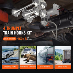 Train Horns Kit, 4 Trumpet Air Horn Kit, 150dB Train Horns for Pickup Trucks, 12V 160 psi Air Compressor 2.6 Gal/10 L Tank with Gauge for Any 12V Vehicle Car Truck Train Van Boat