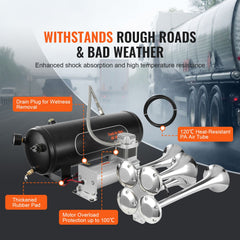 Train Horns Kit, 4 Trumpet Air Horn Kit, 150dB Train Horns for Pickup Trucks, 12V 160 psi Air Compressor 2.6 Gal/10 L Tank with Gauge for Any 12V Vehicle Car Truck Train Van Boat