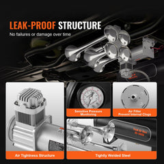 Train Horns Kit, 4 Trumpet Air Horn Kit, 150dB Train Horns for Pickup Trucks, 12V 160 psi Air Compressor 2.6 Gal/10 L Tank with Gauge for Any 12V Vehicle Car Truck Train Van Boat