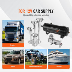 Train Horns Kit, 4 Trumpet Air Horn Kit, 150dB Train Horns for Pickup Trucks, 12V 160 psi Air Compressor 2.6 Gal/10 L Tank with Gauge for Any 12V Vehicle Car Truck Train Van Boat