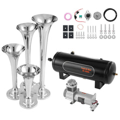 Train Horns Kit, 4 Trumpet Air Horn Kit, 150dB Train Horns for Pickup Trucks, 12V 160 psi Air Compressor 2.6 Gal/10 L Tank with Gauge for Any 12V Vehicle Car Truck Train Van Boat