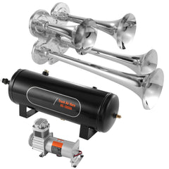 Train Horns Kit, 4 Trumpet Air Horn Kit, 150dB Train Horns for Pickup Trucks, 12V 160 psi Air Compressor 2.6 Gal/10 L Tank with Gauge for Any 12V Vehicle Car Truck Train Van Boat