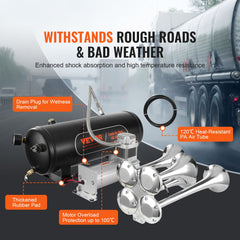 Train Horns Kit, 4 Trumpet Air Horn Kit, 150dB Train Horns for Pickup Trucks, 12V 160 psi Air Compressor 2.6 Gal/10 L Tank with Gauge for Any 12V Vehicle Car Truck Train Van Boat
