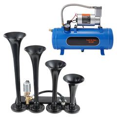Train Horns Kit, 4 Trumpet Air Horn Kit, 150dB Train Horns for Pickup Trucks, 12V 120 psi Air Compressor 1.6 Gal/6 L Tank with Gauge for Any 12V Vehicle Car Truck Train Van Boat