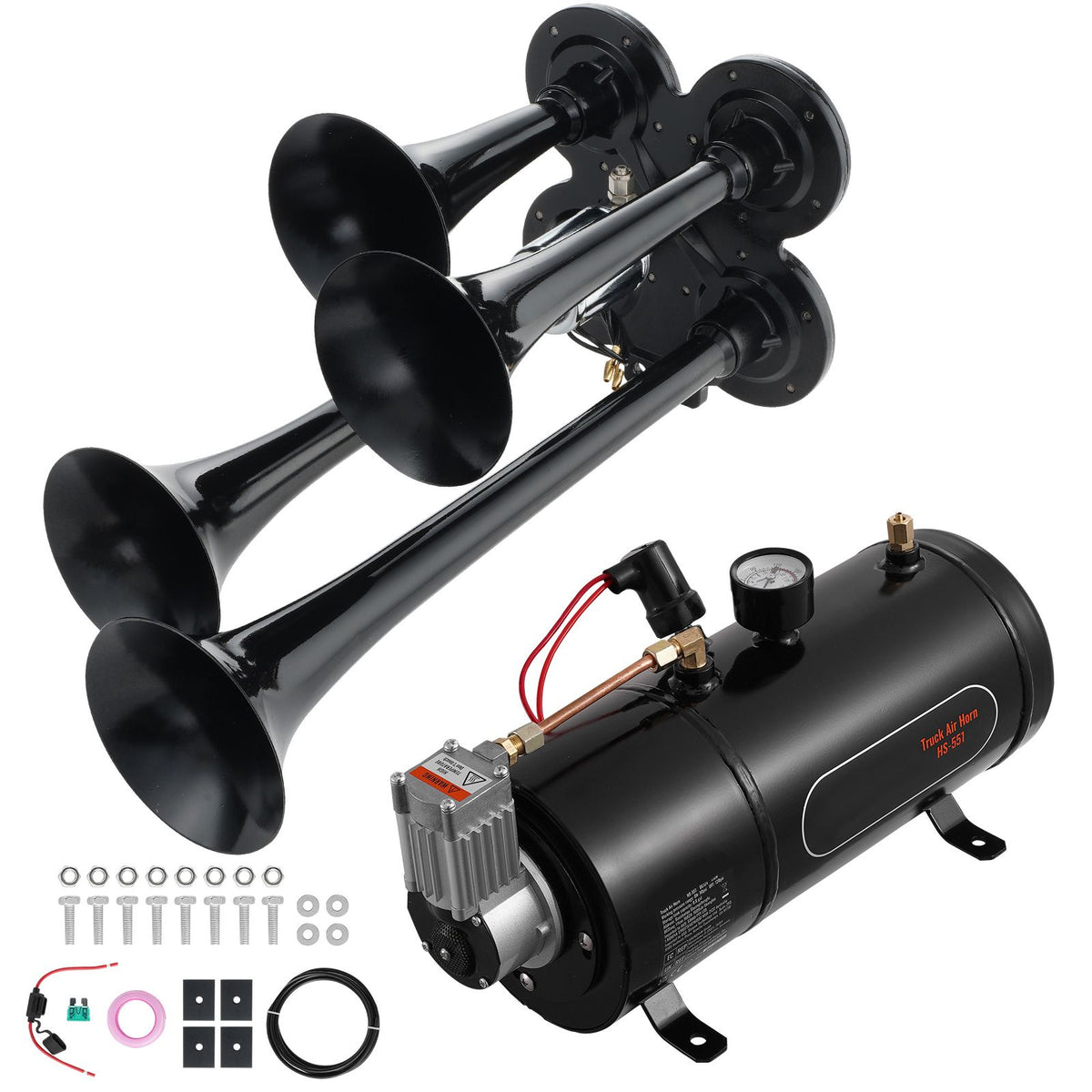 Train Horns Kit, 4 Trumpet Air Horn Kit, 150dB Train Horns for Pickup Trucks, 12V 120 psi Air Compressor 0.8 Gal/3 L Tank with Gauge for Any 12V Vehicle Car Truck Train Van Boat