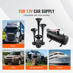 Train Horns Kit, 4 Trumpet Air Horn Kit, 150dB Train Horns for Pickup Trucks, 12V 120 psi Air Compressor 0.8 Gal/3 L Tank with Gauge for Any 12V Vehicle Car Truck Train Van Boat