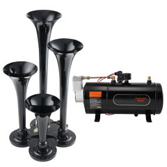 Train Horns Kit, 4 Trumpet Air Horn Kit, 150dB Train Horns for Pickup Trucks, 12V 120 psi Air Compressor 0.8 Gal/3 L Tank with Gauge for Any 12V Vehicle Car Truck Train Van Boat