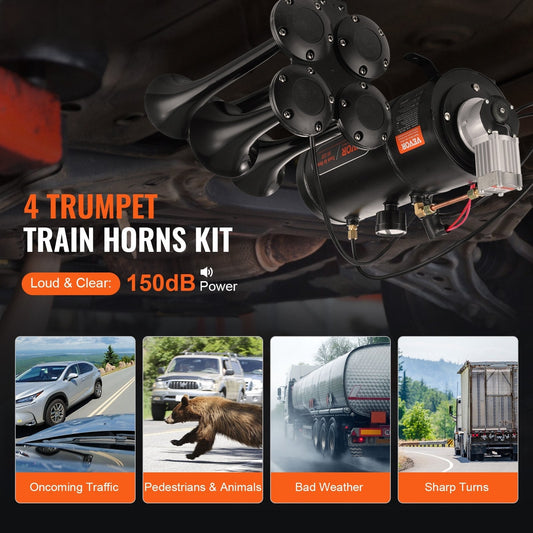 Train Horns Kit, 4 Trumpet Air Horn Kit, 150dB Train Horns for Pickup Trucks, 12V 120 psi Air Compressor 0.8 Gal/3 L Tank with Gauge for Any 12V Vehicle Car Truck Train Van Boat