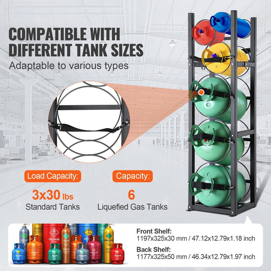Refrigerant Tank Rack, with 3 x 30lbs and Other 3 Small Bottle Tanks, Cylinder Tank Rack 12.79x12.99x47.12 in, Refrigerant Cylinder Rack and Holders for Freon, Gases, Oxygen, Nitrogen