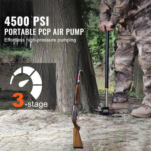 PCP Hand Pump, 3 Stage, 30Mpa 4500 PSI High Pressure PCP Air Rifile Filling Stirrup Pump with Oil-Moisture Filter Pressure Gauge, Stainless Steel for Airguns Scuba Tank Paintball Filling Tire
