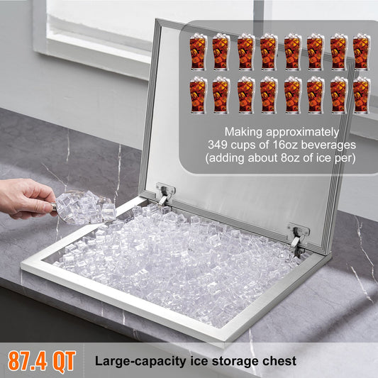 Drop in Ice Chest, 28"L x 16"W x 17"H Stainless Steel Ice Cooler, Commercial Ice Bin with Hinged Cover, 40 qt Outdoor Kitchen Ice Bar, Drain-pipe and Drain Plug Included, for Cold Wine Beer