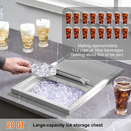 Drop in Ice Chest, 18"L x 12"W x 14.5"H Stainless Steel Ice Cooler, Commercial Ice Bin with Sliding Cover, 40.9 qt Outdoor Kitchen Ice Bar, Drain-pipe and Drain Plug Included, for Cold Wine Beer