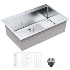 Kitchen Sink, 304 Stainless Steel Drop-In Sinks, Top Mount Single Bowl Basin with Accessories(Pack of 3), Household Dishwasher Sinks for Workstation, RV, Prep Kitchen, and Bar Sink, 33 inch