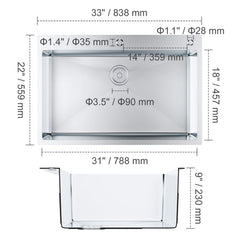 Kitchen Sink, 304 Stainless Steel Drop-In Sinks, Top Mount Single Bowl Basin with Accessories(Pack of 3), Household Dishwasher Sinks for Workstation, RV, Prep Kitchen, and Bar Sink, 33 inch