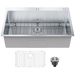 Kitchen Sink, 304 Stainless Steel Drop-In Sinks, Top Mount Single Bowl Basin with Accessories(Pack of 3), Household Dishwasher Sinks for Workstation, RV, Prep Kitchen, and Bar Sink, 33 inch