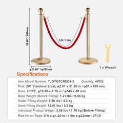Stanchion Post with Velvet Rope, 4-Pack Crowd Control Stanchion with 3PCS 5FT Red Velvet Ropes, Stainless Steel Queue Barrier Line Divider with Fillable Base & Ball Top for Wedding Museum Party