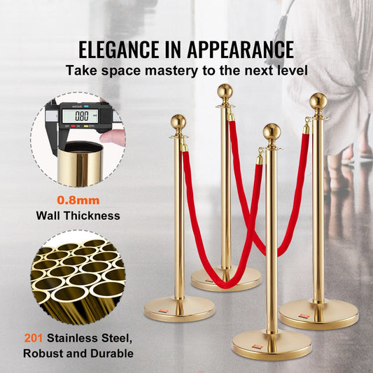 Stanchion Post with Velvet Rope, 4-Pack Crowd Control Stanchion with 3PCS 5FT Red Velvet Ropes, Stainless Steel Queue Barrier Line Divider with Fillable Base & Ball Top for Wedding Museum Party