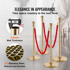 Stanchion Post with Velvet Rope, 6-Pack Crowd Control Stanchion with 4PCS 5FT Red Velvet Ropes, Stainless Steel Queue Barrier Line Divider with Fillable Base & Ball Top for Wedding Museum Party