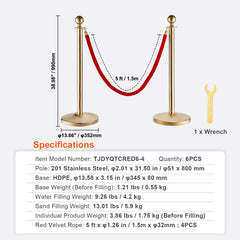 Stanchion Post with Velvet Rope, 6-Pack Crowd Control Stanchion with 4PCS 5FT Red Velvet Ropes, Stainless Steel Queue Barrier Line Divider with Fillable Base & Ball Top for Wedding Museum Party