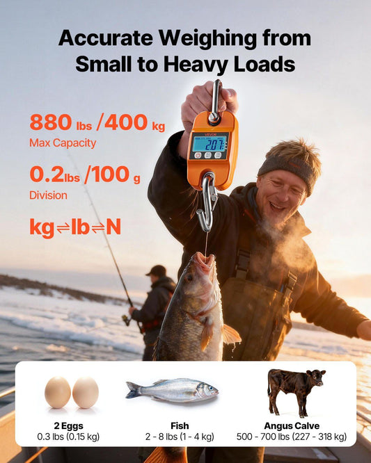 Digital Crane Scale, 880 lbs/400 kg Max Capacity, Handheld Hanging Scale with Cast Aluminum Case & LCD Display, 100 g Division & 3 Unit Switch, Auto-Off Setting for Farm Hunting Fishing, Orange