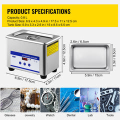 0.8L Professional Ultrasonic Cleaner 304 Stainless Steel Digital Lab Ultrasonic Cleaner with Timer for Jewelry Watch Glasses Circuit Board Dentures Small Parts Dental Instrument (0.8L)