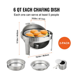 Roll Top Chafing Dish Buffet Set, 5.5L 2 Pack, Stainless Steel Chafer with 2 Full Size Pans, Round Catering Warmer Server with Lid Water Pan Stand Fuel Holder, for at Least 5 People Each