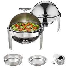 Roll Top Chafing Dish Buffet Set, 5.5L 2 Pack, Stainless Steel Chafer with 2 Full Size Pans, Round Catering Warmer Server with Lid Water Pan Stand Fuel Holder, for at Least 5 People Each