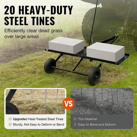 Tow Behind Dethatcher, 1015mm Tow Dethatcher with 20 Spring Steel Tines, Lawn Dethatcher Rake for ATV or Mower, Tow Behind Lawn Rake with Lift Handle for Garden Farm Grass