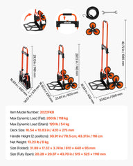 Stair Climbing Cart, 54 kg Stair-Climbing Capacity, Portable Folding Trolley Cart with Telescoping Handle, 6 Wheels and 2 Bungee Cords, Stair Climber Dolly for Home, Groceries, Warehouse