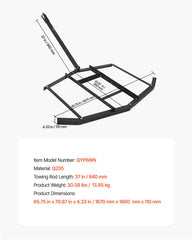 Drag Harrow, 66" Width Tow Behind Drag Harrow, Q235 Steel Driveway Grader with Adjustable Bars & Pin Hitch, Support up to 50 lbs, Tractor Driveway Harrow for ATVs, UTVs, Garden Lawn Tractors