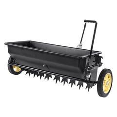 Broadcast Spreader, 100 LB Tow Behind Poly Drop Spreader with 10" Wheels, Steel Spike Aerator, Fertilizer Spreader, Garden Seeder, and Salt Spreader, for Residential, Farm, Tough Terrain, Black