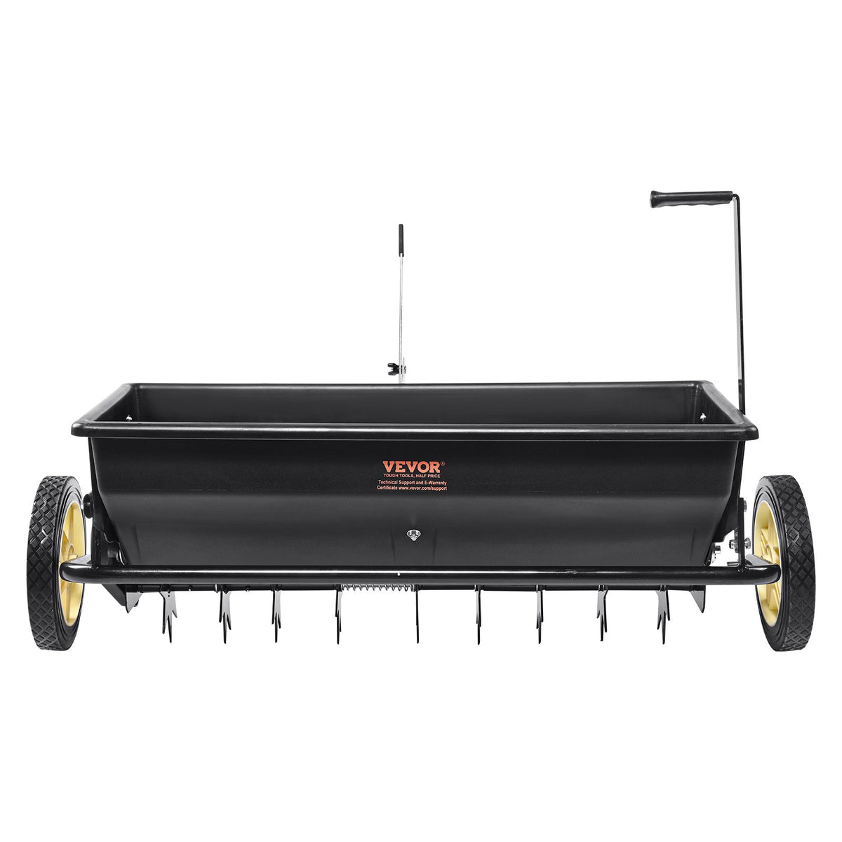 Broadcast Spreader, 100 LB Tow Behind Poly Drop Spreader with 10" Wheels, Steel Spike Aerator, Fertilizer Spreader, Garden Seeder, and Salt Spreader, for Residential, Farm, Tough Terrain, Black
