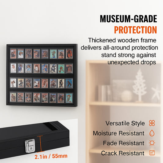 36 Graded Sports Card Display Case, 775 x 617 x 55 mm, Baseball Card Display Frame with 98% UV Protection Clear View PC Glass, Lockable Wall Cabinet for Football Basketball Hockey Trading Card