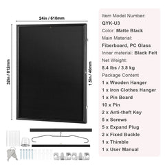 Jersey Display Frame Case, 610 x 812 x 40 mm, Large Lockable Sport Jersey Shadow Box with 98% UV Protection PC Glass and Hangers, for Baseball Basketball Football Hockey Shirt and Uniform, Black