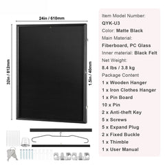 Jersey Display Frame Case, 610 x 812 x 40 mm, Large Lockable Sport Jersey Shadow Box with 98% UV Protection PC Glass and Hangers, for Baseball Basketball Football Hockey Shirt and Uniform, Black
