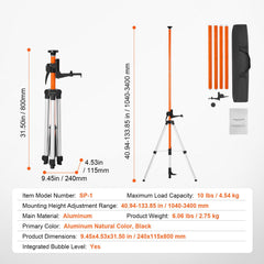 Laser Level Tripod, 1/4"-20 & 5/8"-11 Thread Mount, 40.94-133.85 inch Height Adjustment with Level Bubble & Heavy-duty Stand, Extendable Pole Lightweight Aluminum Tripod for Laser Scanner